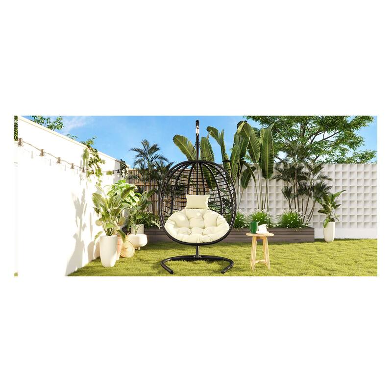 Roomfitters Single Person Folding Egg Chair with Stand, UV Resistant Wicker Rattan Swing for Patio, Garden