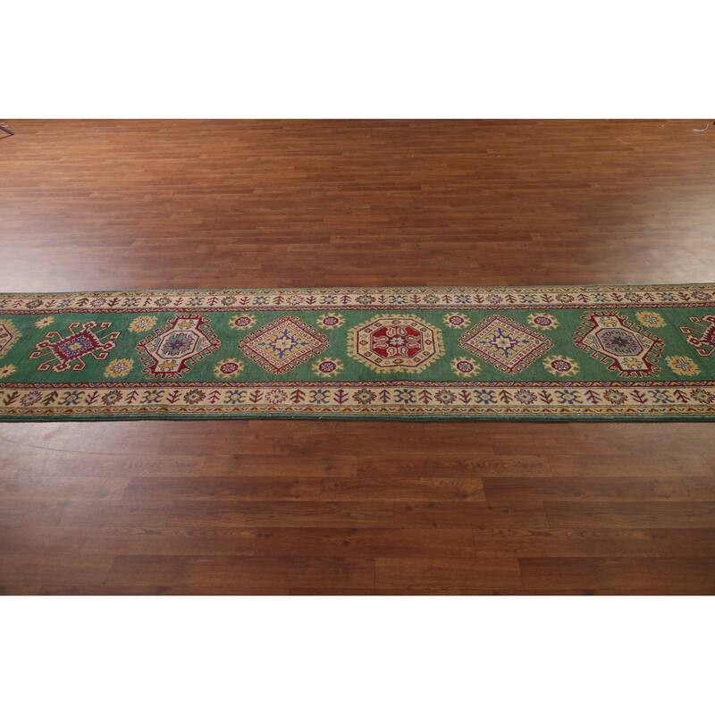 Traditional Green Kazak Runner Rug Hand-Knotted Wool Carpet - 2'8" x 16'4"