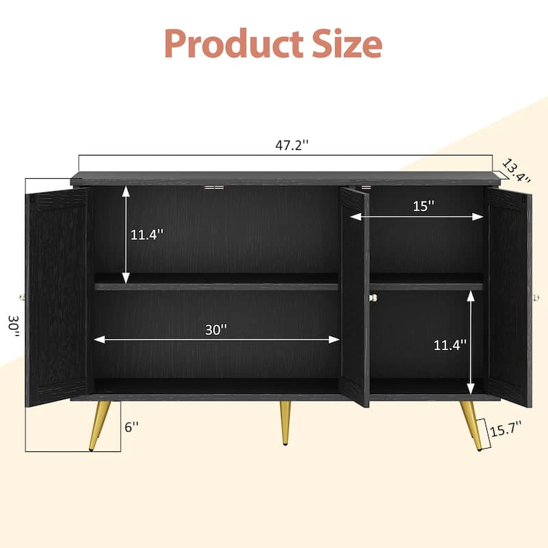 Rattan Storage Cabinet With 3 Door, Farmhouse Style Buffet Sideboard - N/A