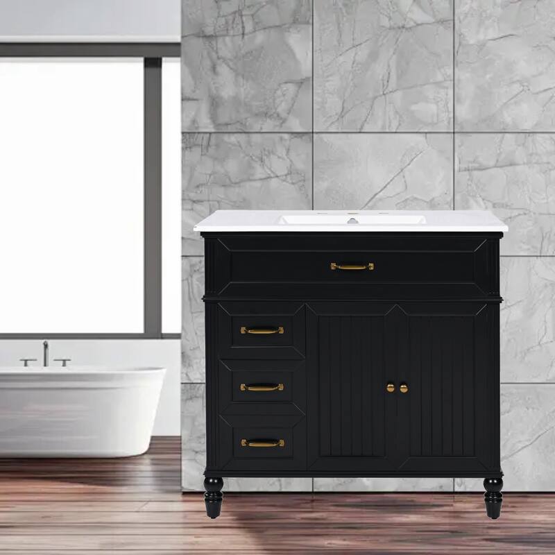 Freestanding 36" Bathroom Vanity with Ceramic Undermount Sink, 2 Drawers & Cabinet Storage - Black