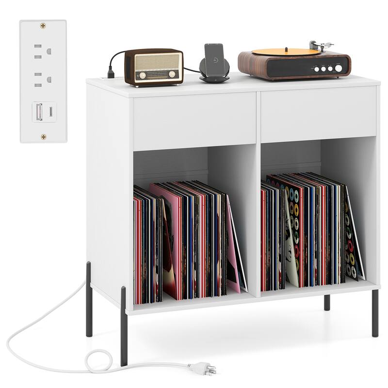 Modern Record Stand with USB Charging Station and 2 Drawer Storage Vinyl Album Organizer Shelf - 31.5" x 16" x 30.5"