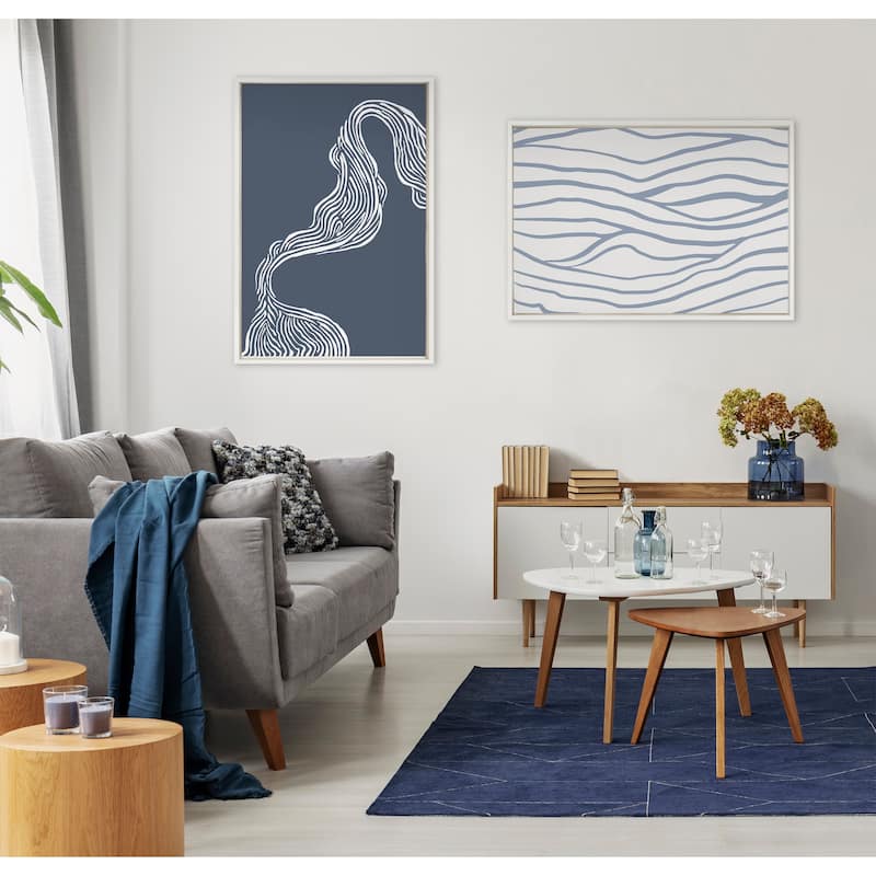 Kate and Laurel Sylvie Simple Elegant Coastal Waves Framed Canvas by The Creative Bunch Studio