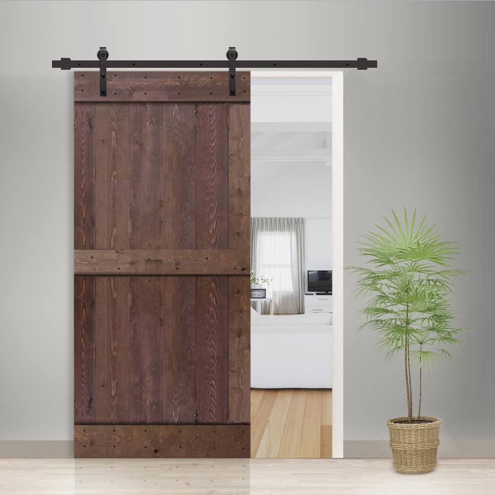 30 in x 84 in Walnut Stained 2 Panel Barn Door with Sliding Hardware