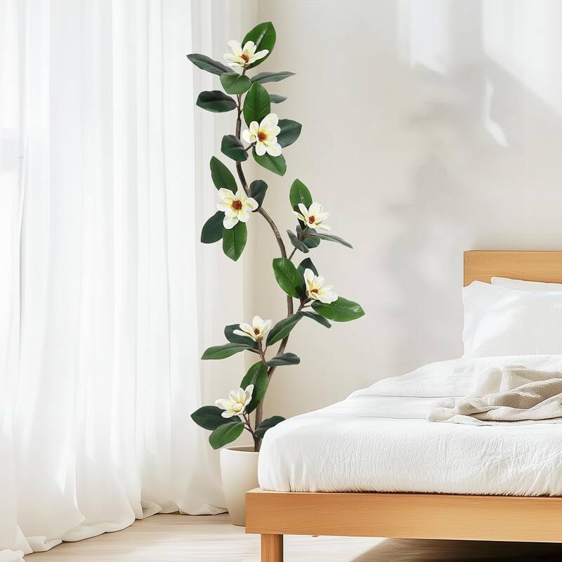 Artificial Faux Rubber Tree with Magnolia Flowers for Home Decor