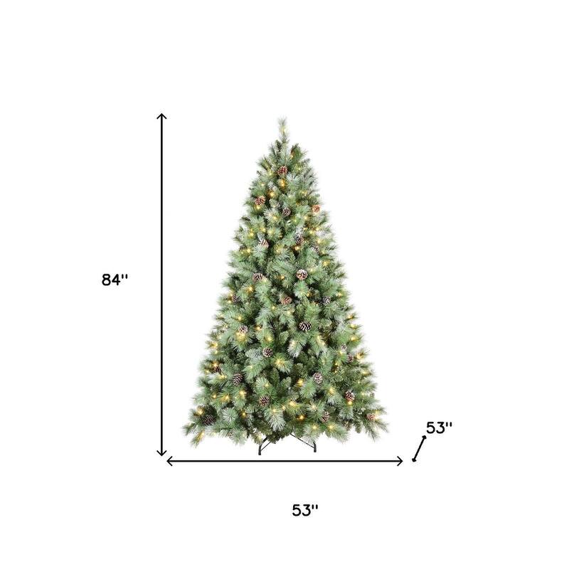HomeRoots 7' Pre Lit Full Pine Christmas Tree With Decorations - Green - 53.00 in. x 84.00 in. x 53.00 in.