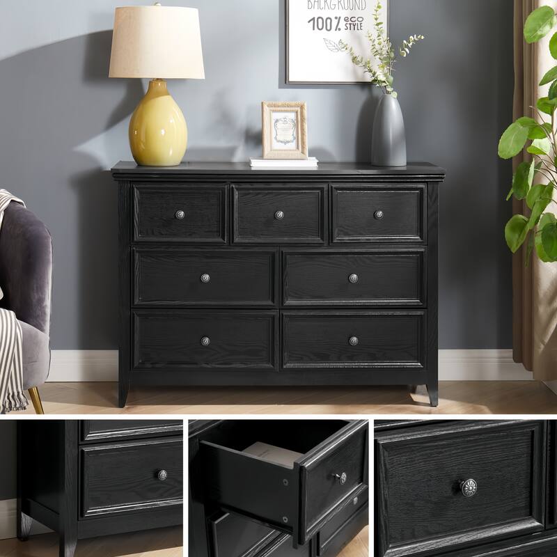 Spacious Black 7-Drawer Dresser, Farmhouse Clothes Organizer Cabinet