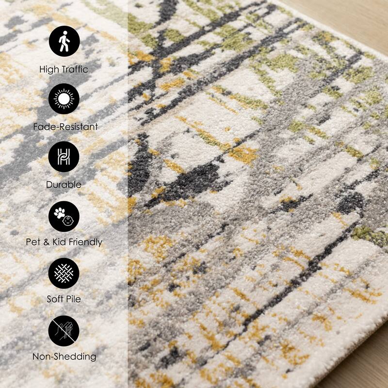 Blue Yellow Green Grey Paint Splatter Abstract Area Rug