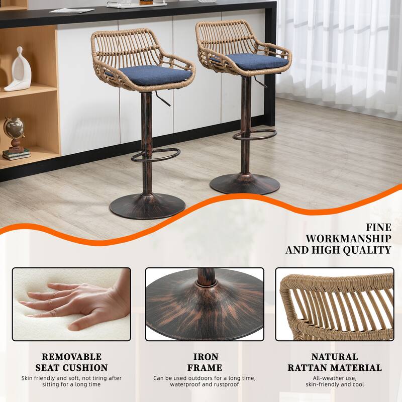 Plastic Rattan Linen Swivel Adjustable Height Bar Stools With Footrest(set of 2)