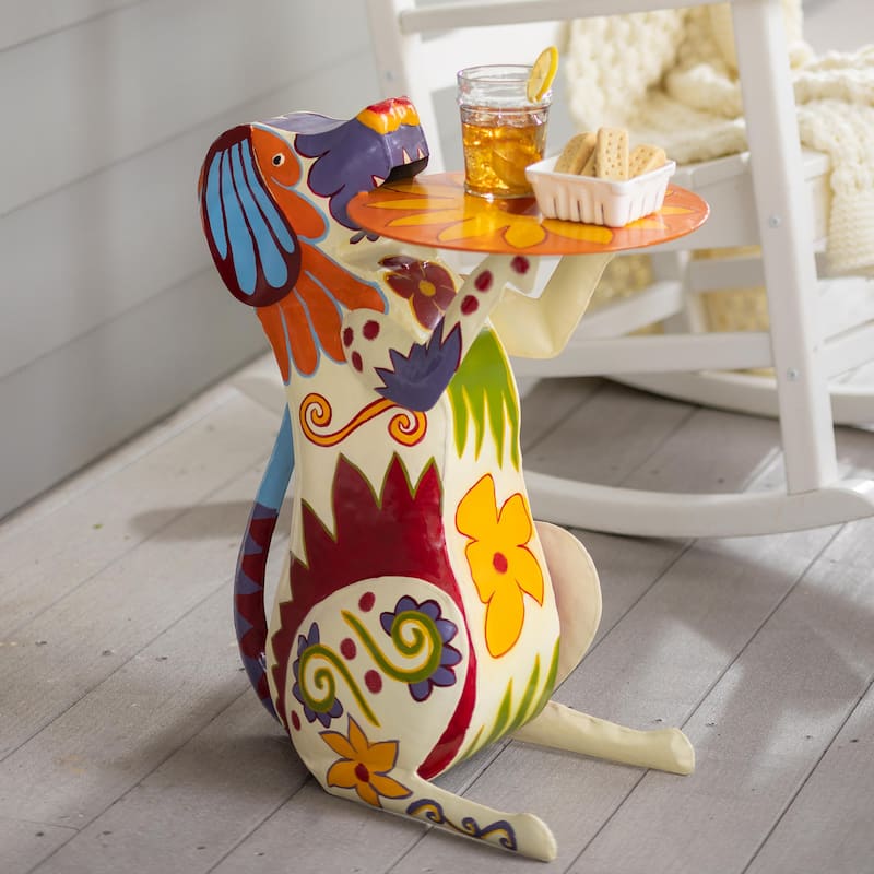 Handmade Colorful Painted Folk Art Metal Dog Side Table