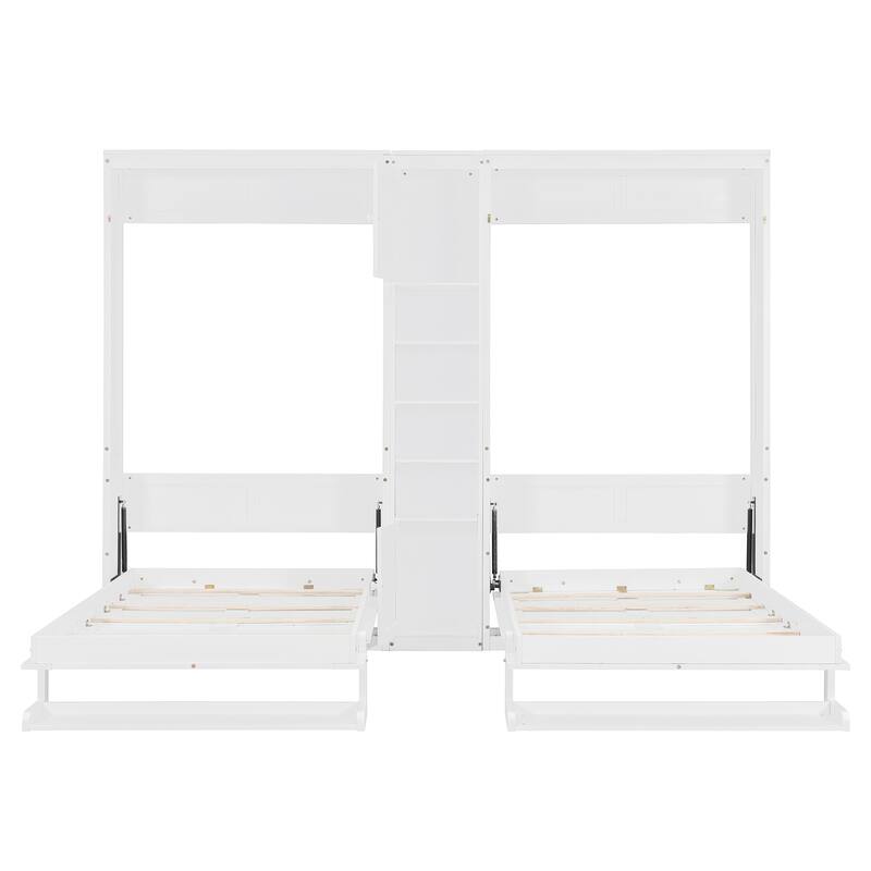 Dual Twin Size Murphy Beds, Twin and Twin Foldable Wall Platform Bed with Cabinets and Shelves, Hidden Double Murphy Bed Chest