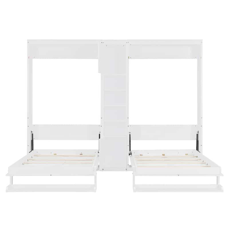Dual Twin Wall Murphy Bed with Storage Cabinet and Display Shelves, Foldable Wooden Bed Frame for Apartments or Guest Rooms