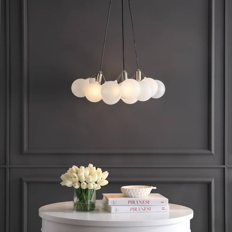 Rhys 24" 3-Light Mid-Century Glam Frosted Glass Orb LED Chandelier, White/Brushed Nickel, by JONATHAN Y