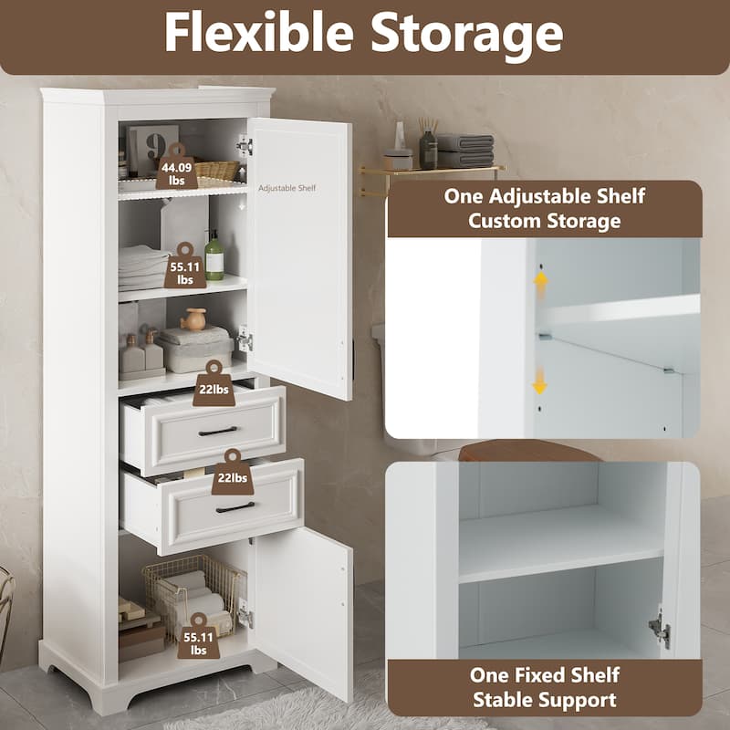 Bathroom Freestanding Storage Cabinet White Tall Cabinet with Adjustable Shelves, Black Handles and Anti-Tipping Design聽