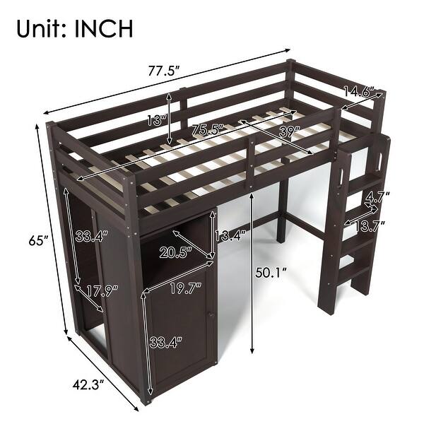 Twin Pinewood Loft Bed with Storage Shelves Wardrobe and Ladder