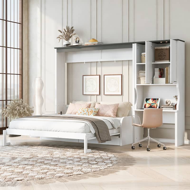 Space-saving Foldable Bed Design Murphy Bed Foldable Platform Bed with Sofa, All-in-one Storage Bookcase Cabinet and Desk - White - Queen