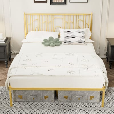 Queen Size Gold Metal Bed Frame with Decorative Headboard, Noise-Free Steel Platform, Underbed Storage, No Box Spring Needed