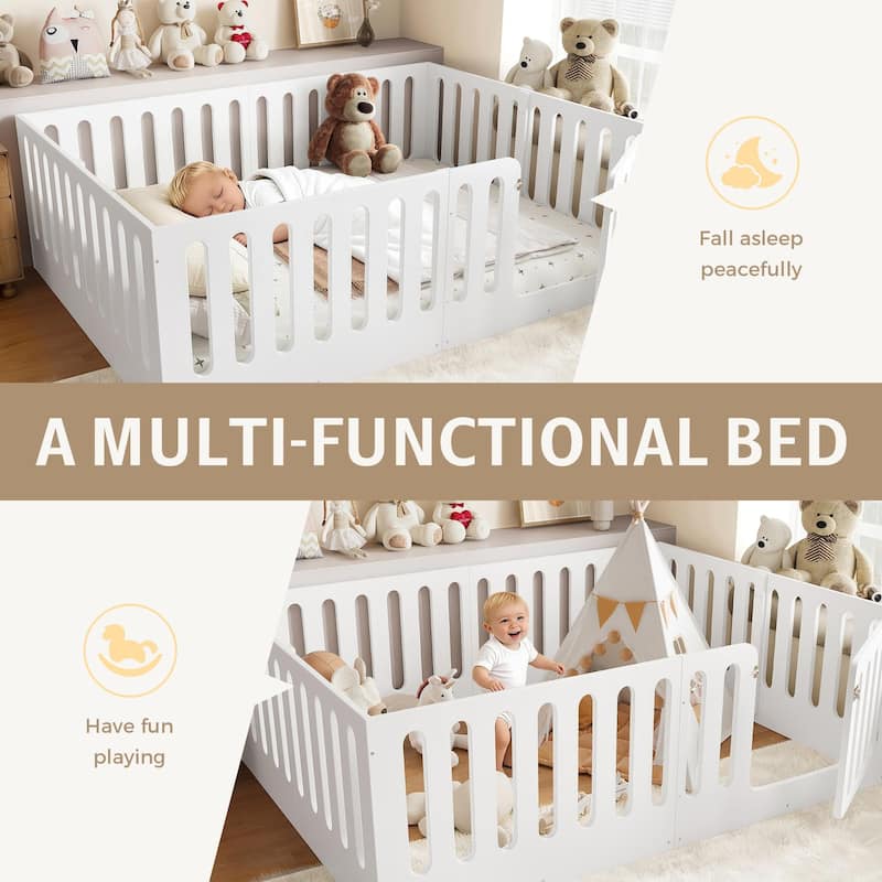 Queen Size Floor Bed with High Fence for Kids, Solid Wood Kids Montessori Bed with Door, No Box Spring Needed Design