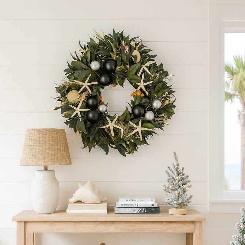 20" Coastal Holiday Preserved Floral & Starfish Mixed Wreath