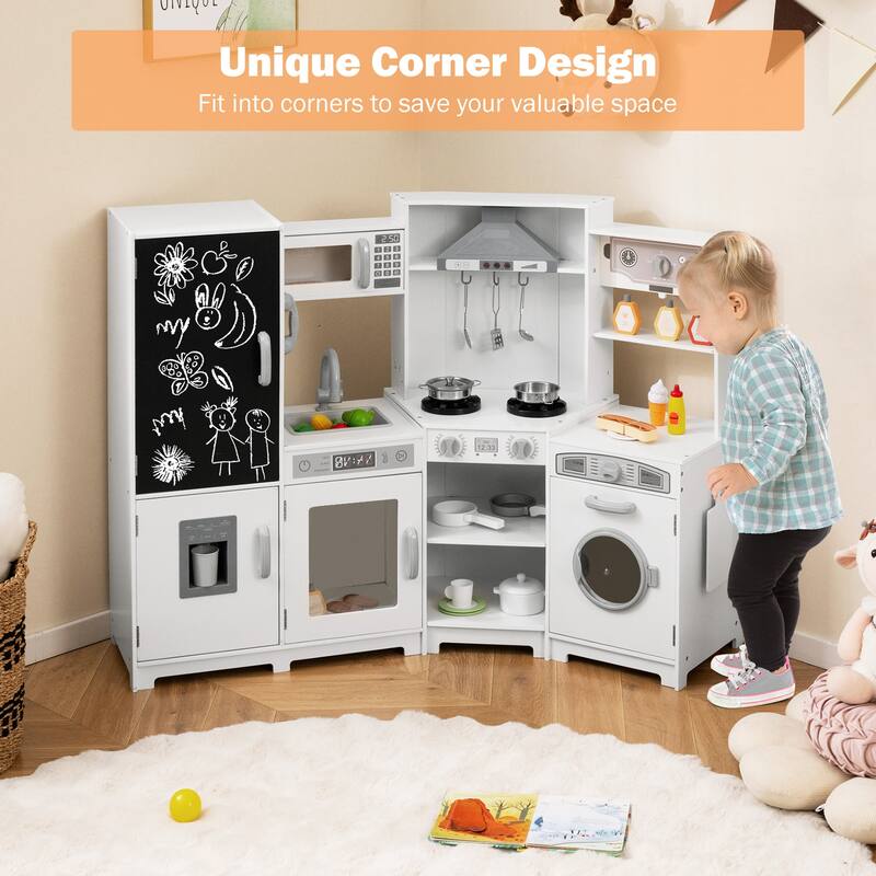 Gymax Corner Kids Play Kitchen Wooden Pretend Toy Kitchen w/ Realistic