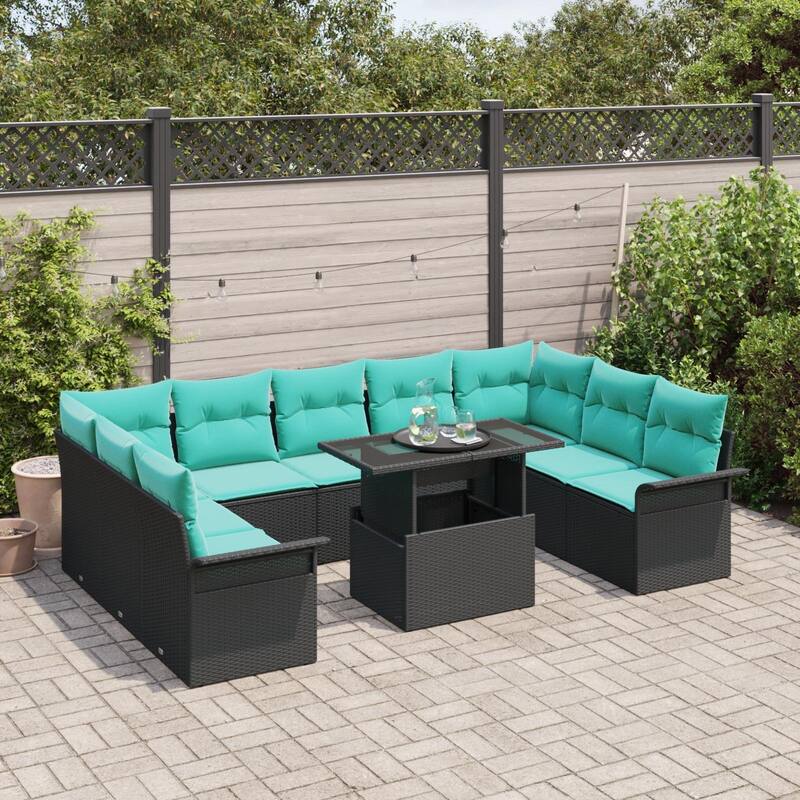 vidaXL 10 Piece Garden Sofa Set with Cushions Black Poly Rattan - 113.8×73.8×27.2