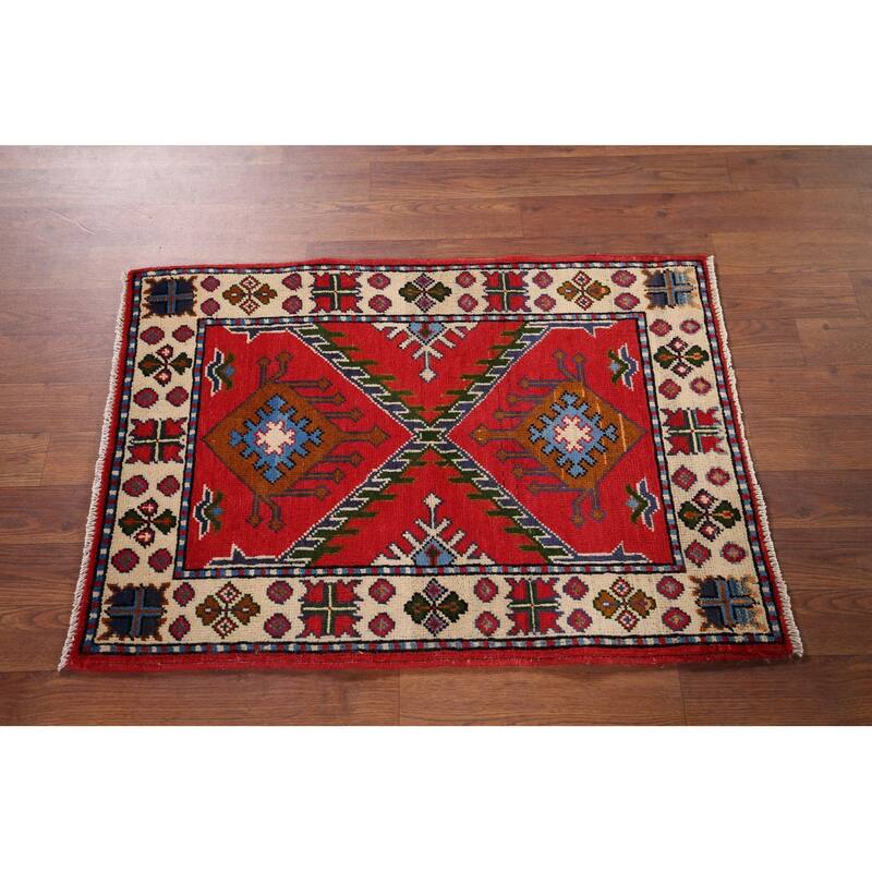 Geometric Red Kazak Accent Rug Hand-Knotted Wool Carpet - 2'1" x 2'11"