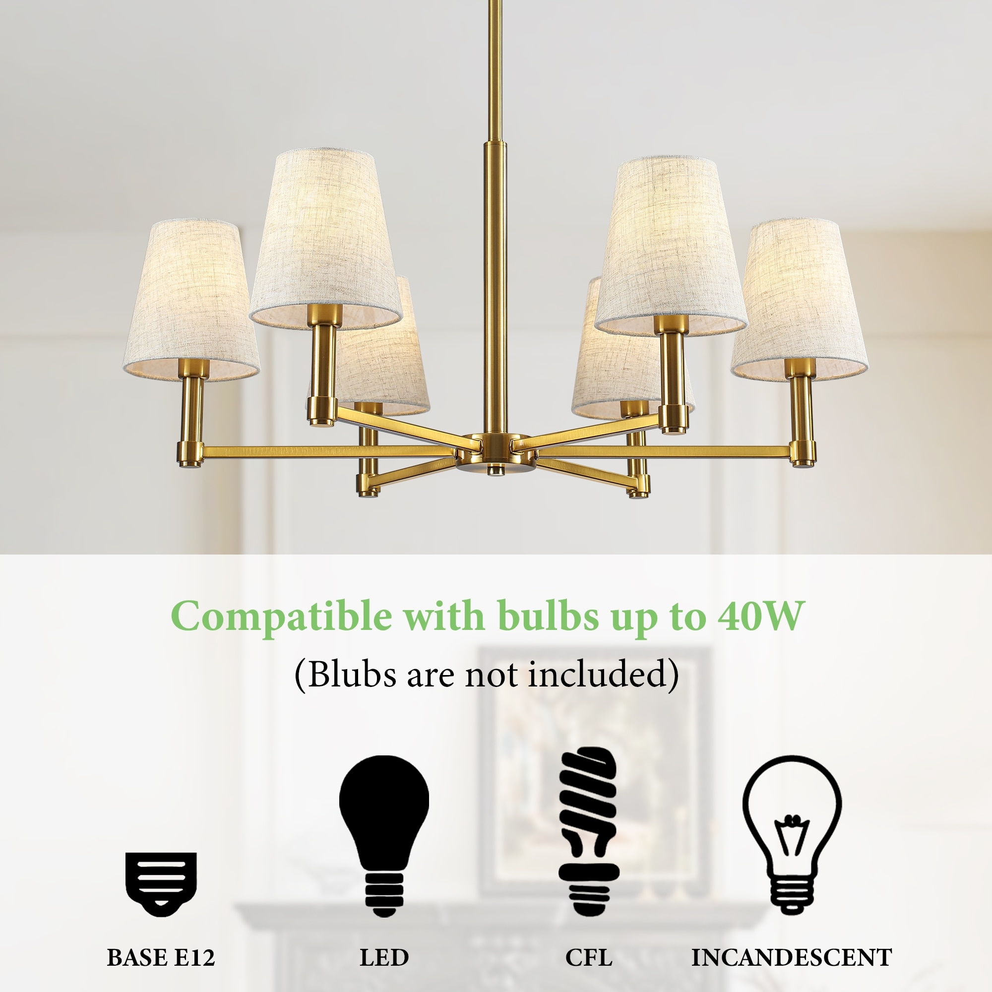 29" 6 Light Dimmable Brass Gold Chandeliers with Linen Fabric Bell Shades for Dining Room Entryway
