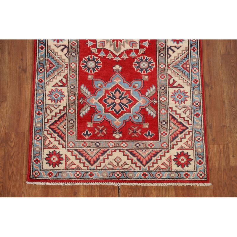 Geometric Kazak Oriental Runner Rug Hand-Knotted Red Wool Carpet - 2'8" x 9'7"