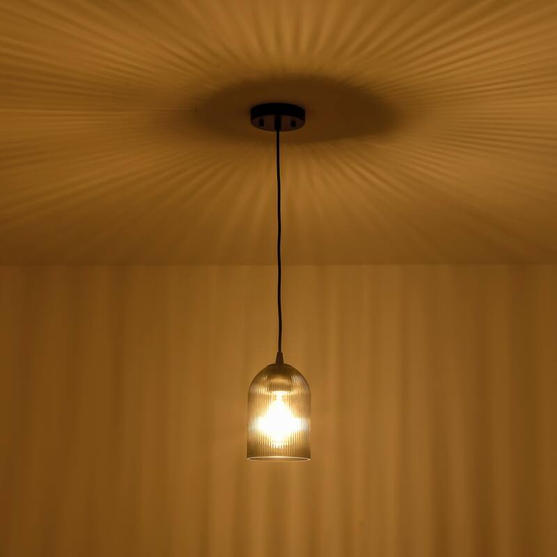 1-Light Modern Rustic Black/Gold Metal Island Pendant Light with Textured Grey/Clear Glass Bell Shade