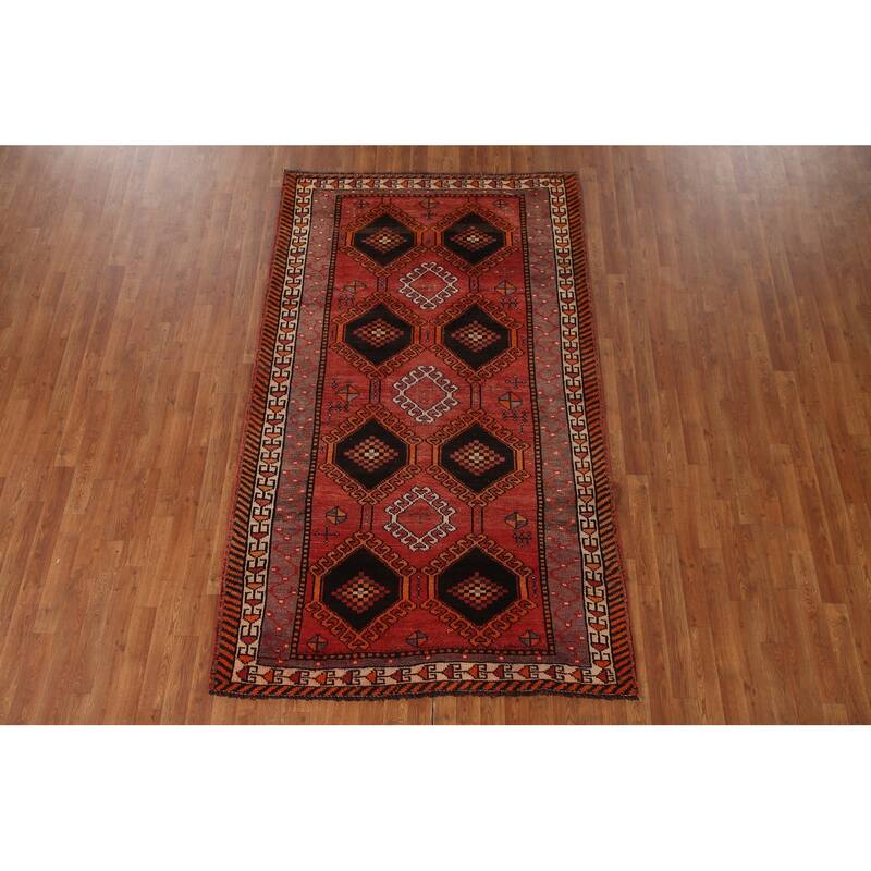 Geometric Orange Shiraz Persian Vintage Rug Hand-knotted Wool Carpet - 4'11"x 7'11"