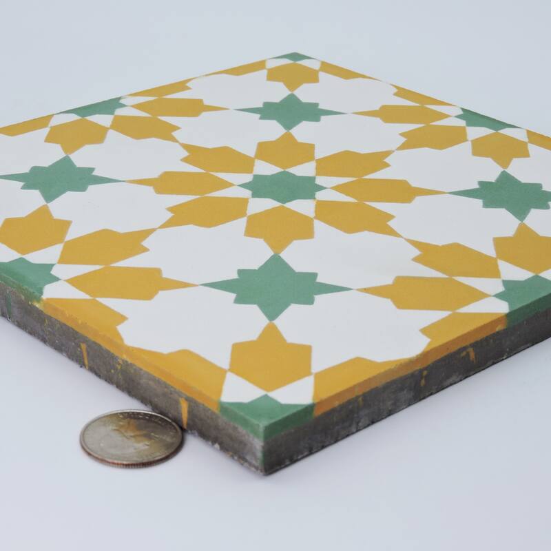 Ahfir Handmade Cement Tile, 8x8, Yellow/Green