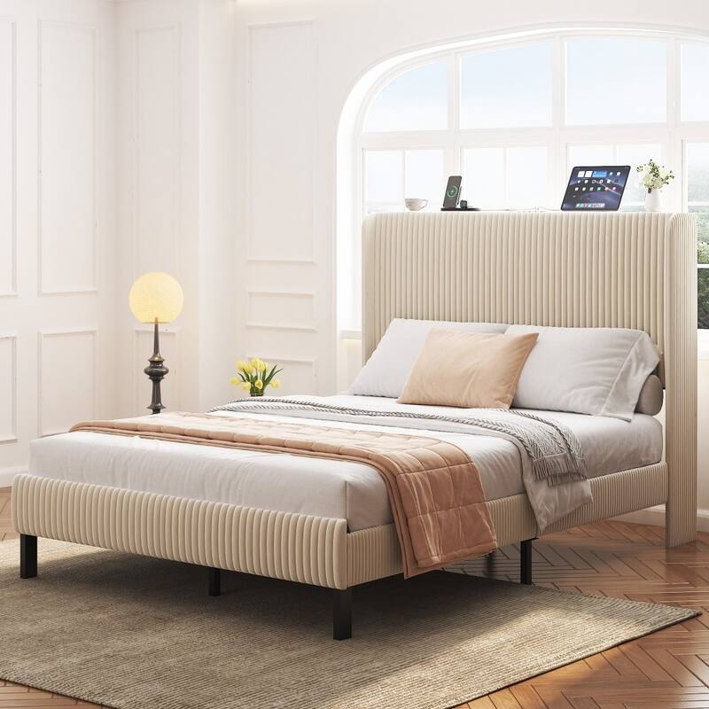 Modern Beige Metal Platform Bed Frame with Charging Station, 2 USB Ports for Living Room - Full