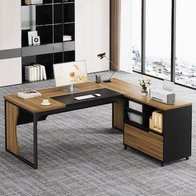 L-Shaped Executive Computer Desk with Mobile File Cabinet, 63" Office Desk