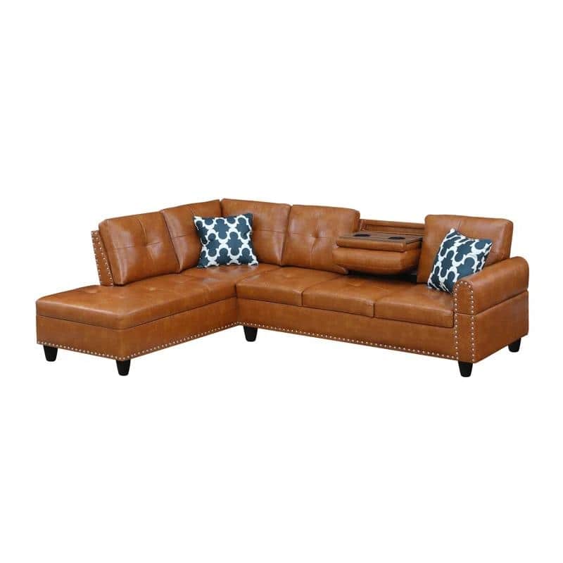 Faux Leather L - Shaped Sectional Set With Cup Holders 2pc