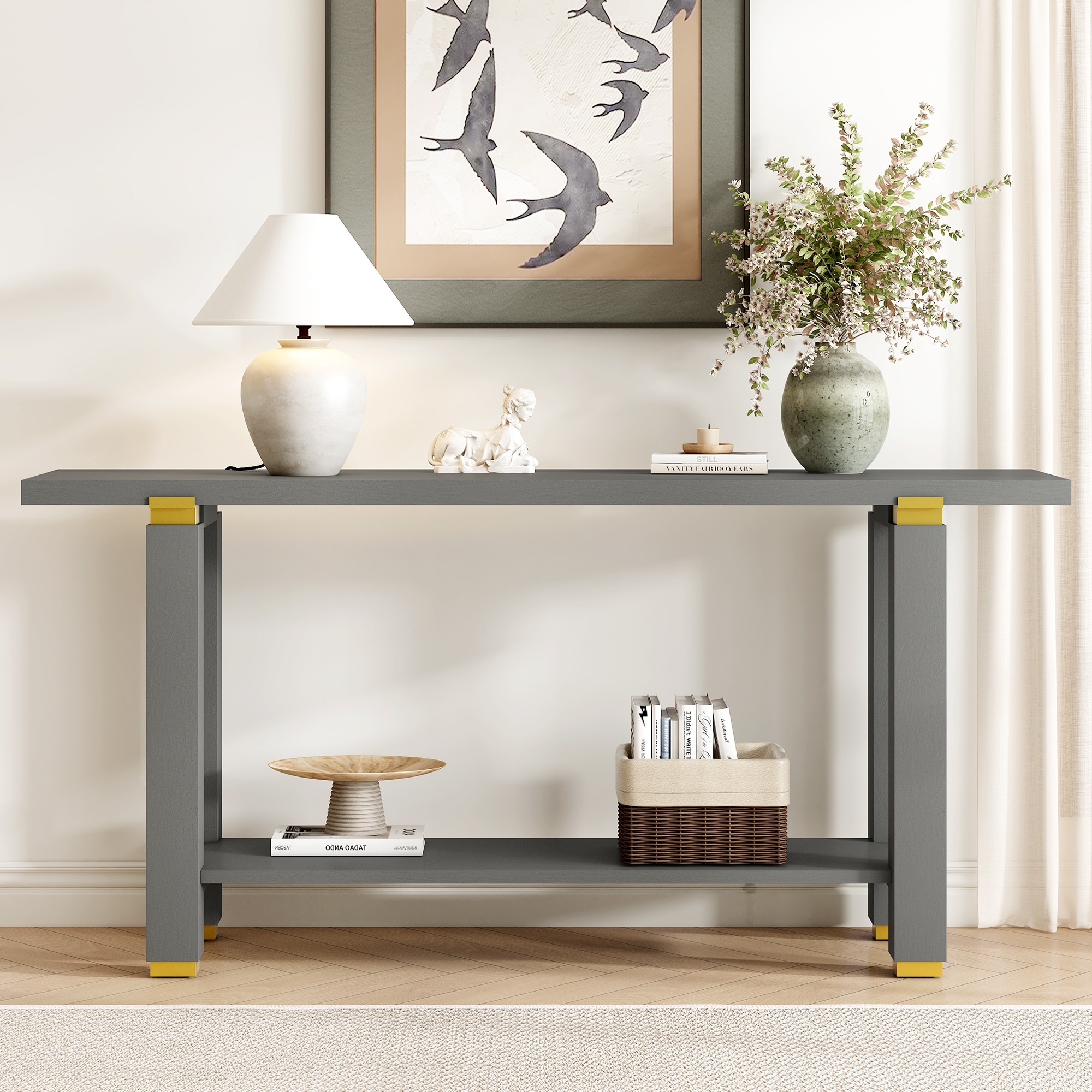 62.9" Modern Console Table,Solid Wood Entryway Sofa Table with Metal Accents,Built-in Shelf
