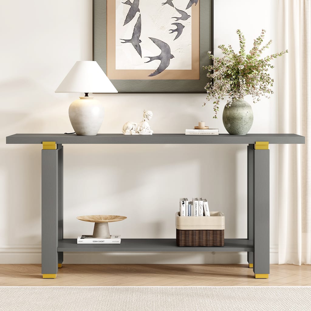 Modern Minimalist Console Table Sofa Table with Open Shelves and Geometric Metal Trim, for Living Room, Hallway, Gray