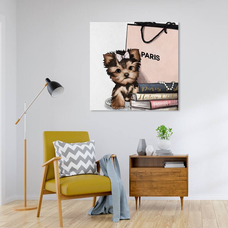 Wynwood Studio 'Fashion Book Yorkie Glam' Animals Wall Art Canvas Print Dogs and Puppies - Brown, Pink - 30 x 30