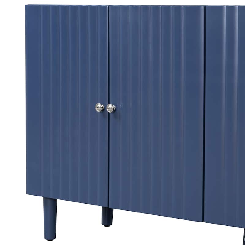Rubber Wood 4 Door Sideboard with Wavy Pattern Doors and Cylindrical Legs, Storage Cabinet with Metal Door Handle