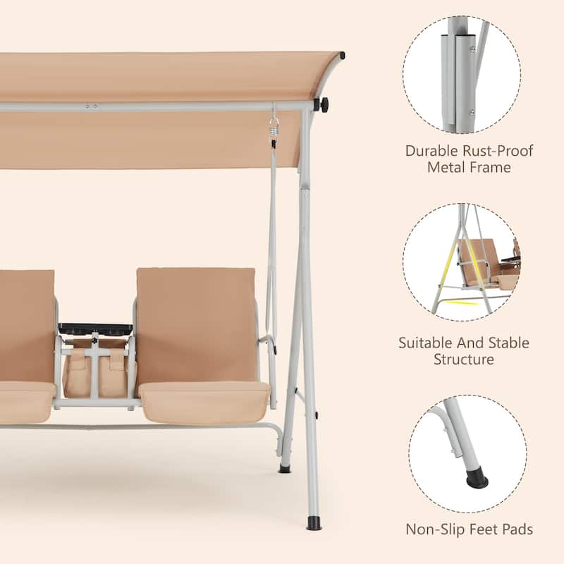 Outdoor Swing with Stand, Canopy, Pivot Table & 2 Cup Holders - Patio, Balcony, Bedroom