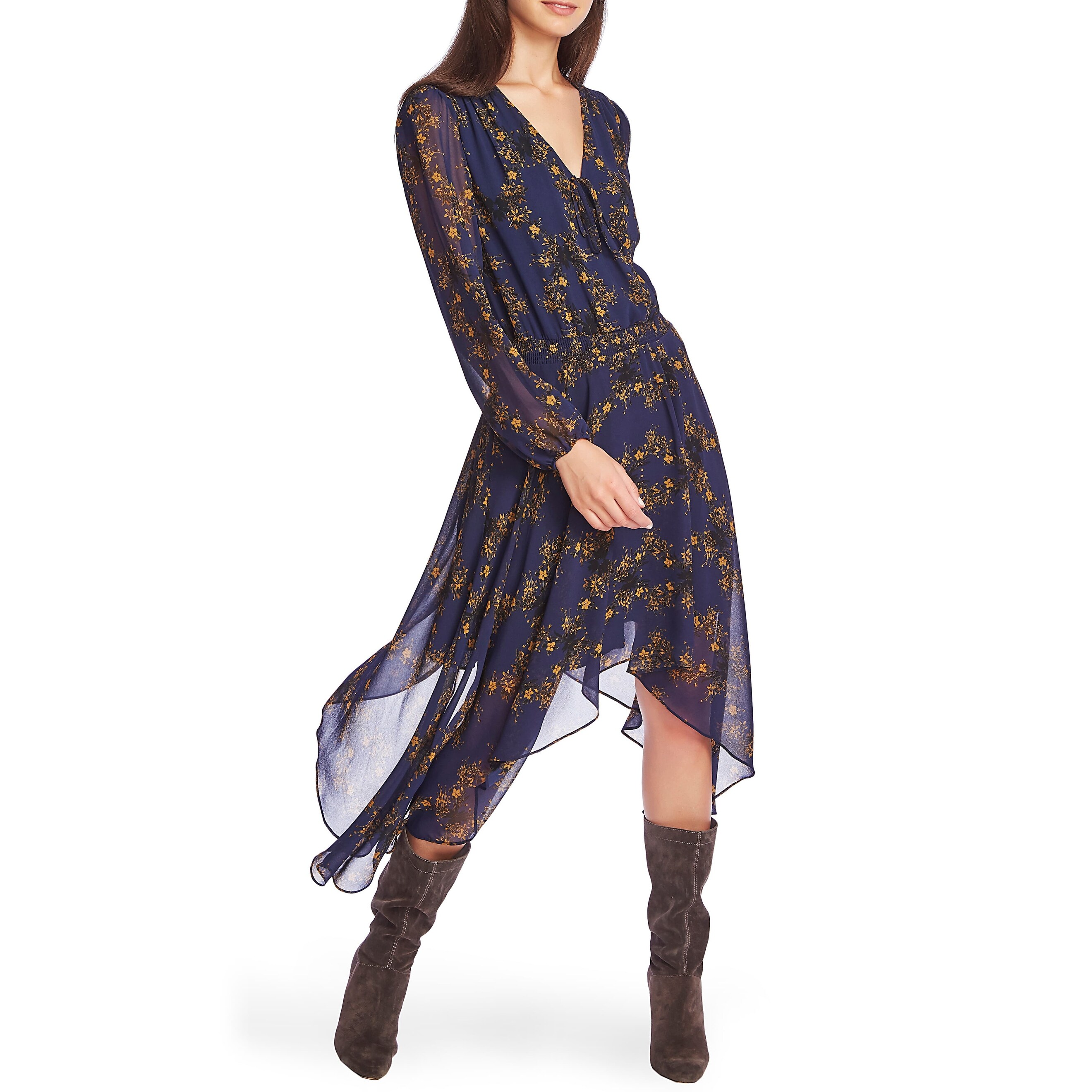 1.State Women's Midi Dress V Neck Floral Print Blue Size Small - Bed Bath &  Beyond - 40577726