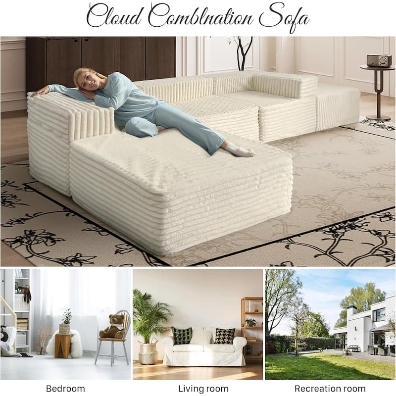 WOWMAX Oversized Sectional Boneless Couch For Living Room, 106 Inch Sleeper Modular Cloud Foam Couch, Plush Corduroy Cover