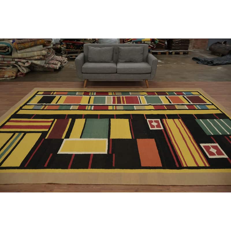 Hand Woven Oriental 100% Wool Carpet Southwestern Modern Multi-Colored Kilim Area Rug - 11' 8'' X 8' 10''