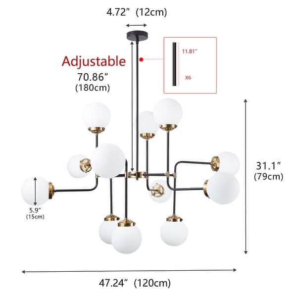 Modern Black 12-Light Sputnik Pendant Lamp with White Glass Shade