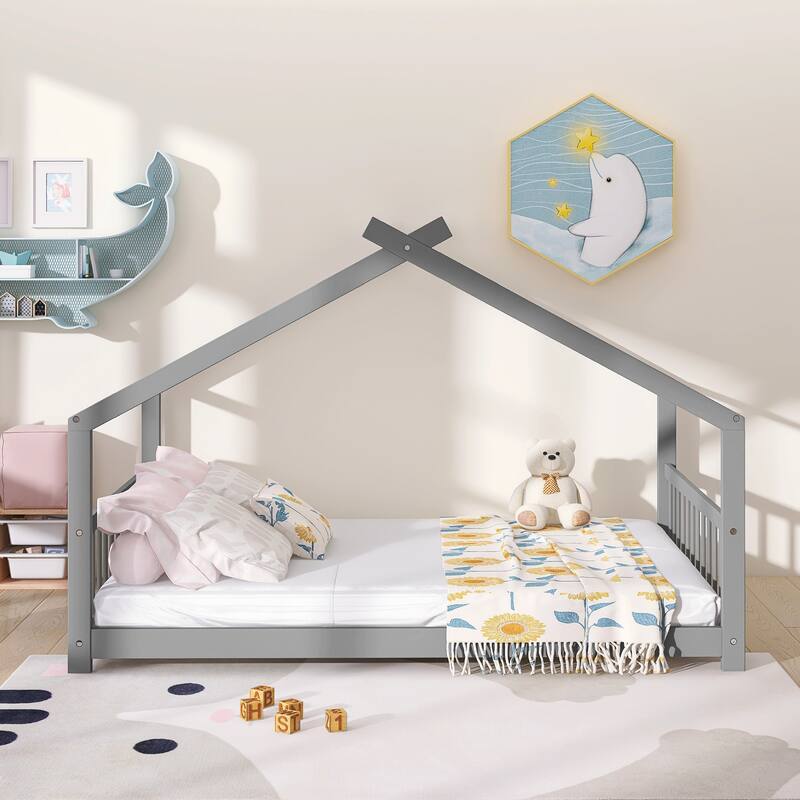Full Size Canopy Bed Fun Roof Design with Pinewood Frame, No Box Spring Needed