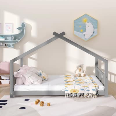 Full Size House Bed with Roof, Wooden Frame, Gray