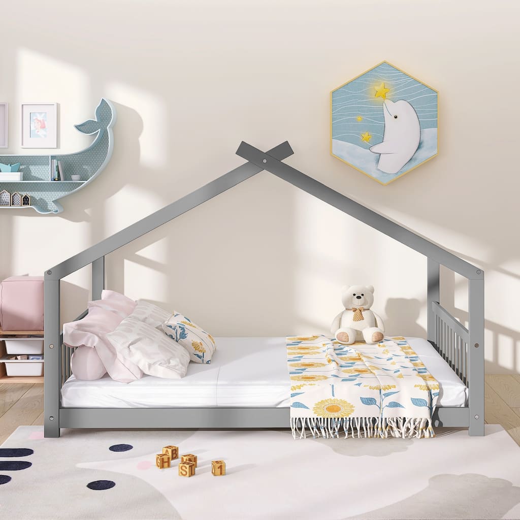 Full Size House Bed with Roof and Sturdy Pinewood Frame, No Box Spring Needed