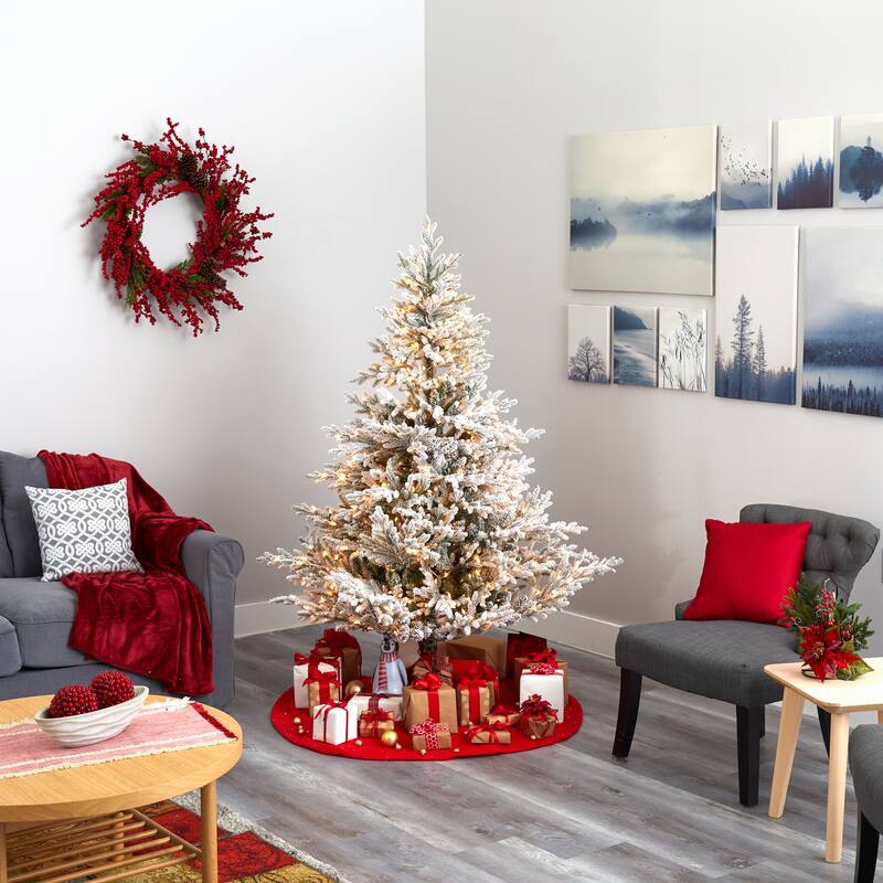 6’ Flocked Fraser Fir Artificial Christmas Tree, Clear LED LIghts - 6 Foot