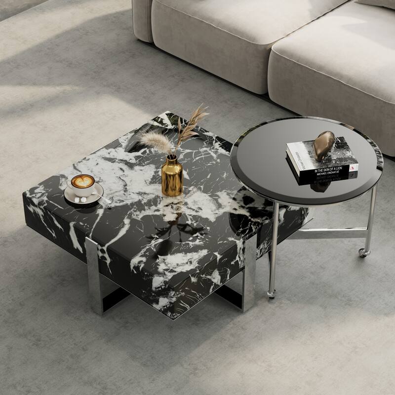 Modern Luxury Square Faux Marble Coffee Table Set Nesting Coffee Table with End Table