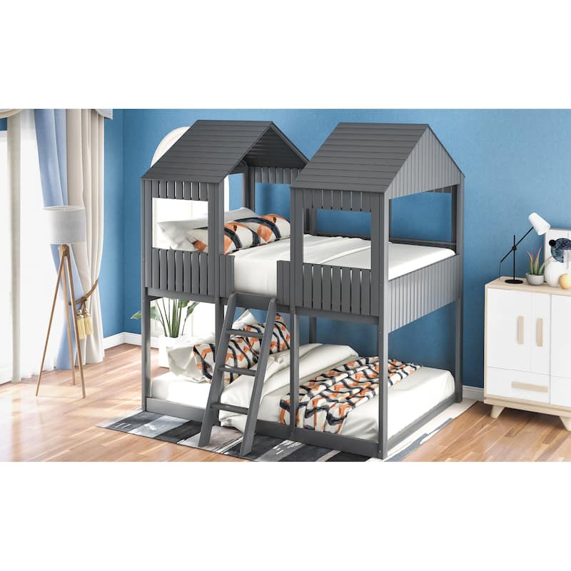 WoodBunk Bed with Roof, Window, Guardrail, Ladder