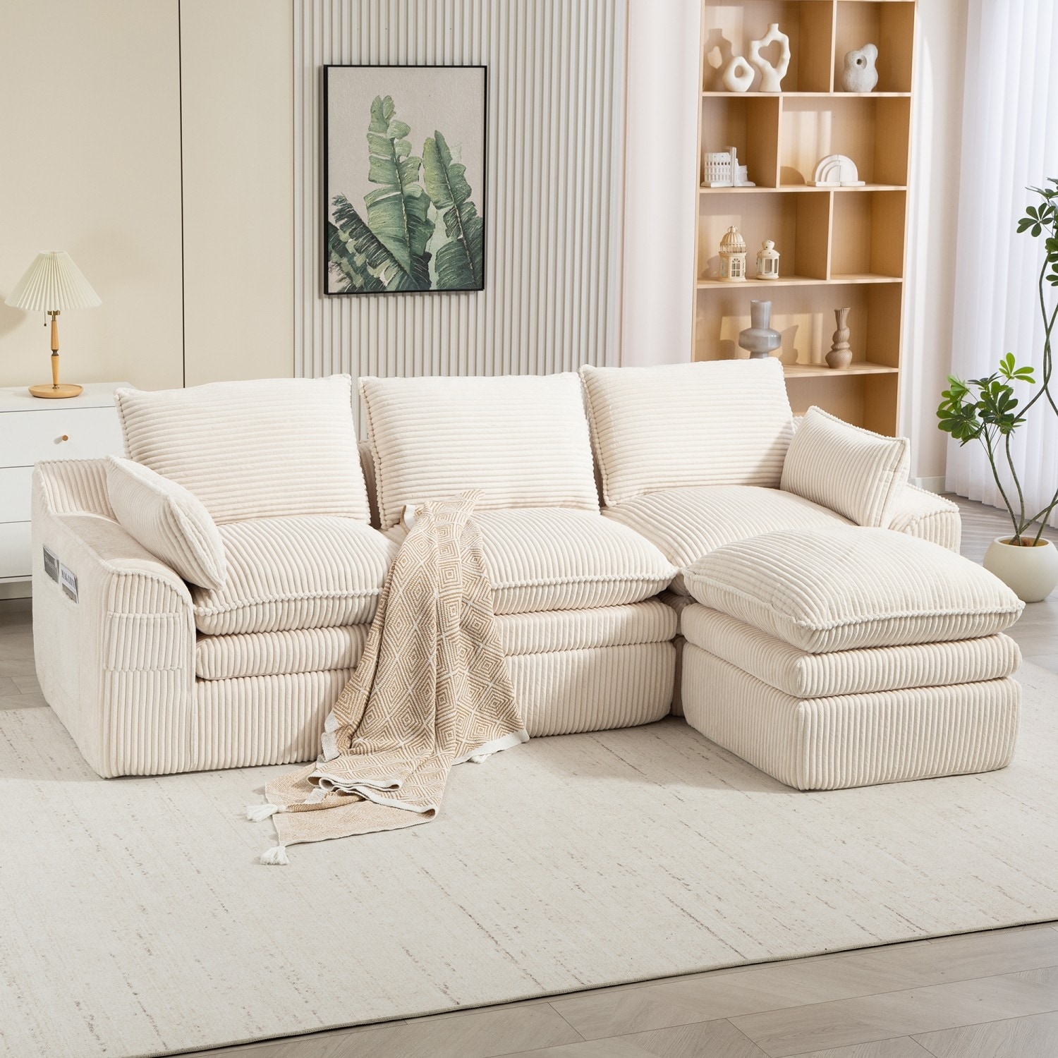 103" L-Shaped Corduroy Boneless Sectional Sofa with Movable Ottoman