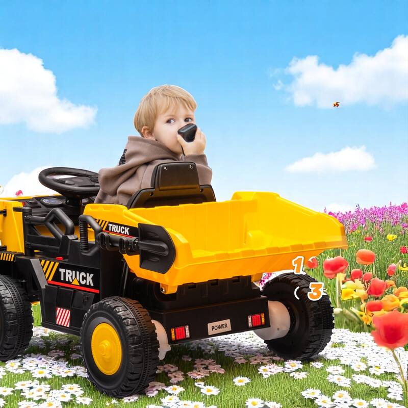 Ride-On Dump Truck with 12V Ride on Car with Electric Dump Bed, Music, lights, Motors - Electric Construction Truck Toy